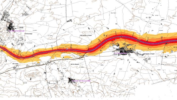 Mapa d'isòfones per a la modelitzaciódel soroll d'una carretera mapa de soroll