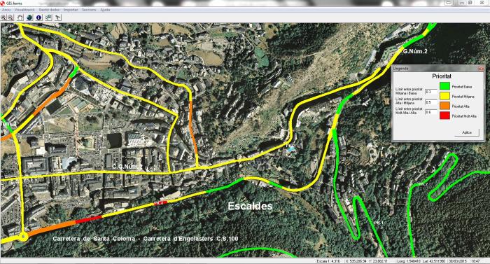 Prioritats de manteniment en un tram del GIS de ferms realitzat a Andorra GIS ferms Andorra, aplicatiu, manteniment carreteres